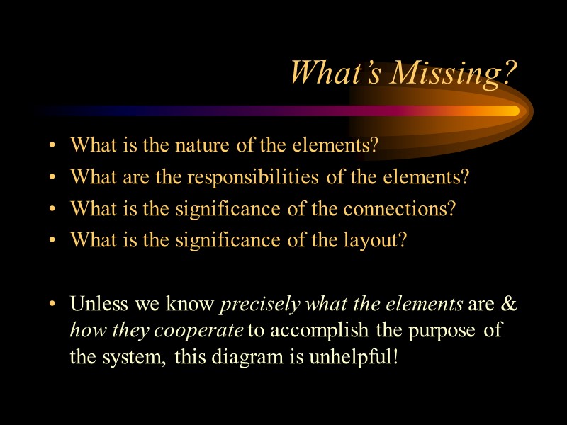 What’s Missing? What is the nature of the elements? What are the responsibilities of